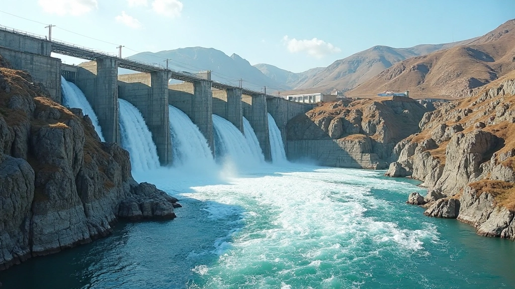 Профессиональное фото гидроэлектростанции на реке с потоками воды и инженерными конструкциями