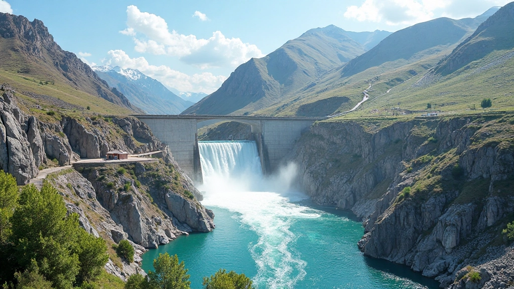 Профессиональное фото гидроэлектростанции на реке с потоками воды и инженерными конструкциями