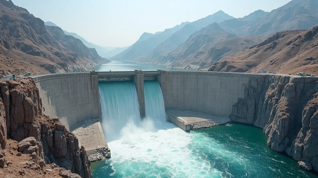 Вид на гидроэлектростанцию с водохранилищем и турбинами