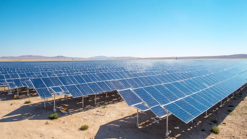Профессиональное фото современной солнечной электростанции с синими панелями на фоне голубого неба в Казахстане