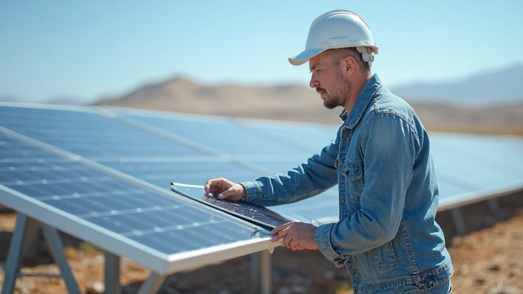 Профессиональное фото современной солнечной электростанции с синими панелями, расположенной в степной местности Казахстана под голубым небом
